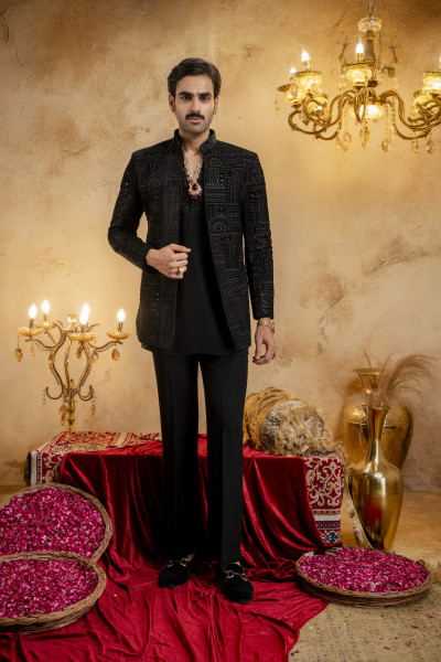 Black Velvet Embroidered Open Bandhgala