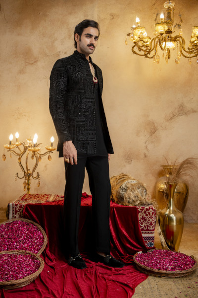 Black Velvet Embroidered Open Bandhgala
