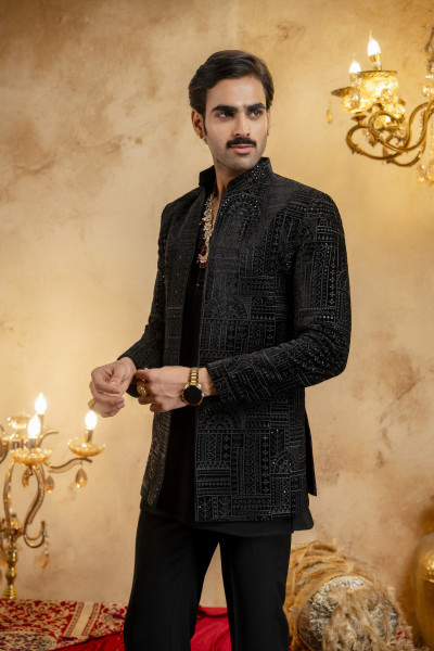 Black Velvet Embroidered Open Bandhgala