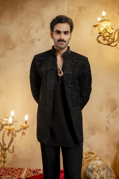 Black Velvet Embroidered Open Bandhgala