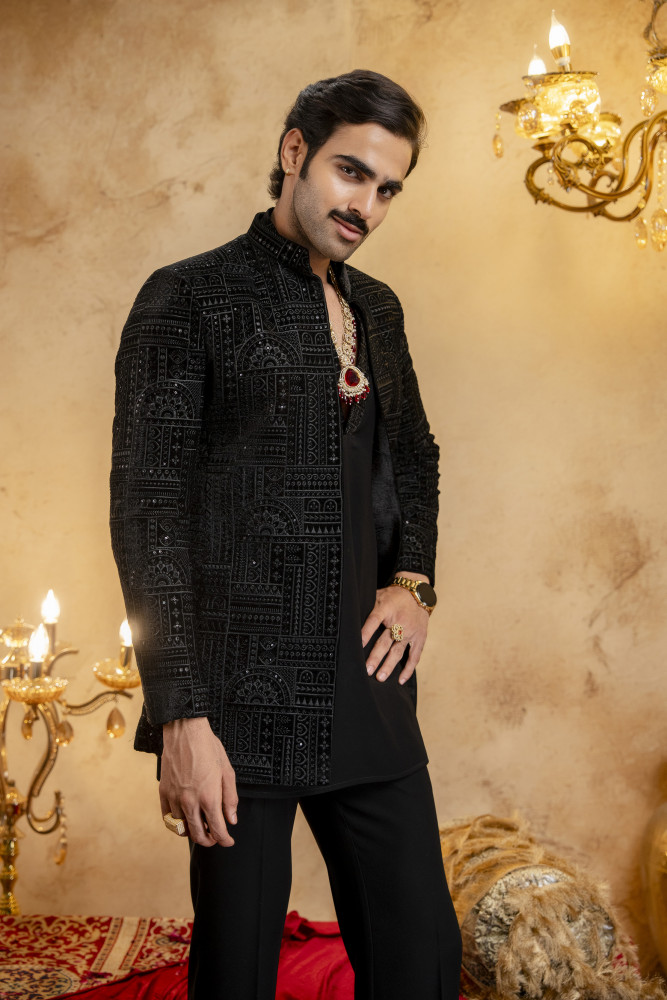 Image of Black Velvet Embroidered Open Bandhgala