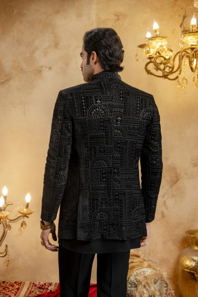 Black Velvet Embroidered Open Bandhgala