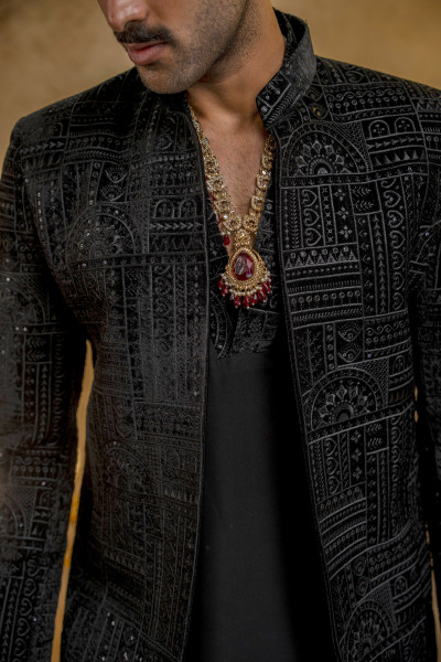 Black Velvet Embroidered Open Bandhgala