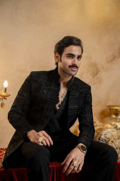 Black Velvet Embroidered Open Bandhgala