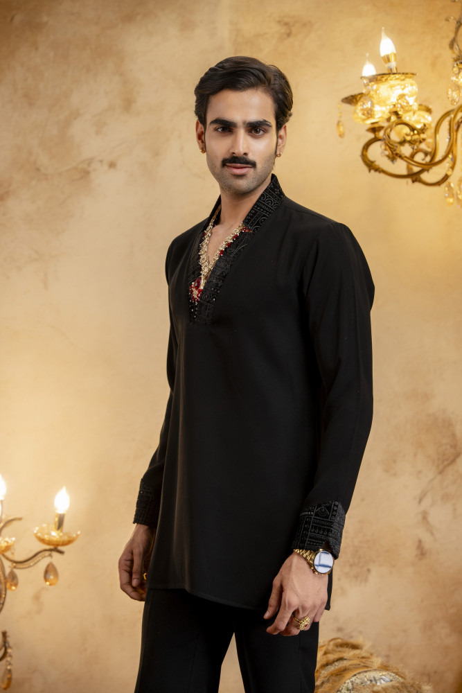 Image of Zed Black Laced Cut Neck Kurta