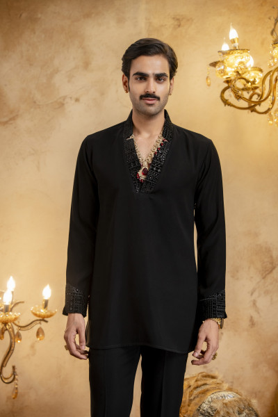 Zed Black Laced Cut Neck Kurta