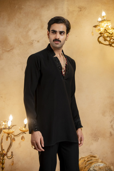 Zed Black Laced Cut Neck Kurta