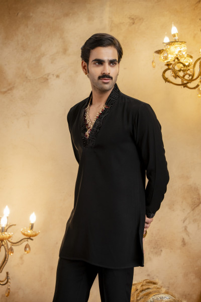 Zed Black Laced Cut Neck Kurta