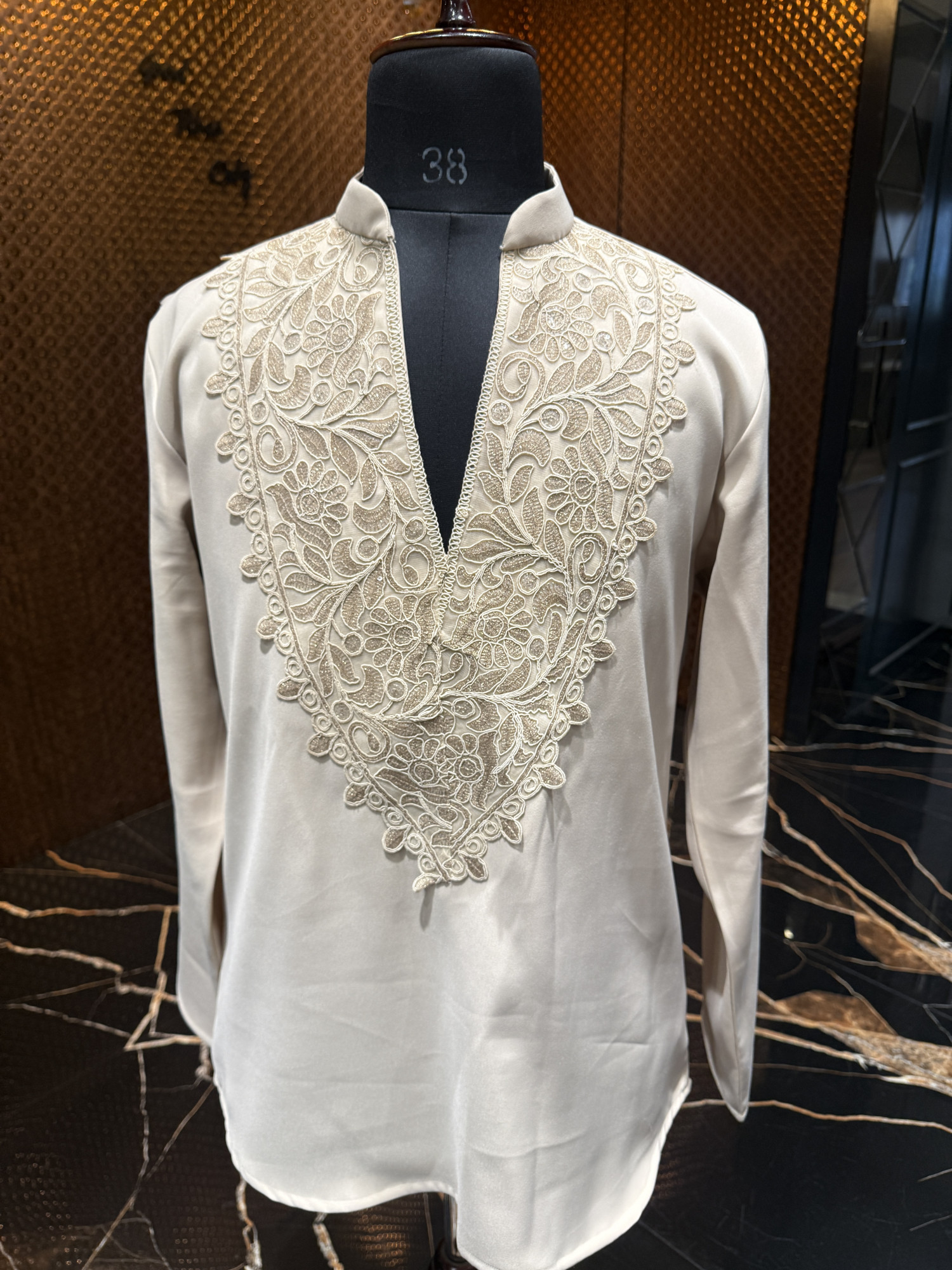Laced Open Bandhgala Set In Beige