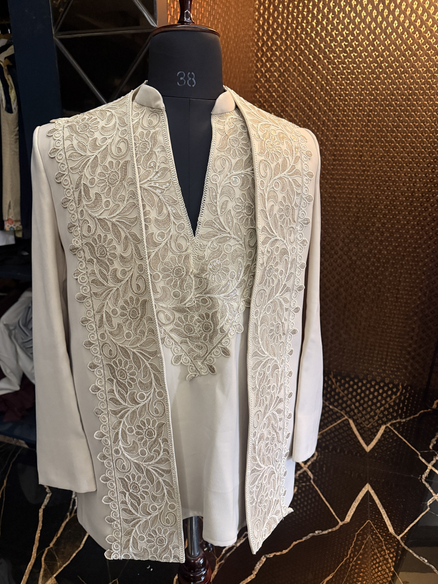Laced Open Bandhgala Set In Beige