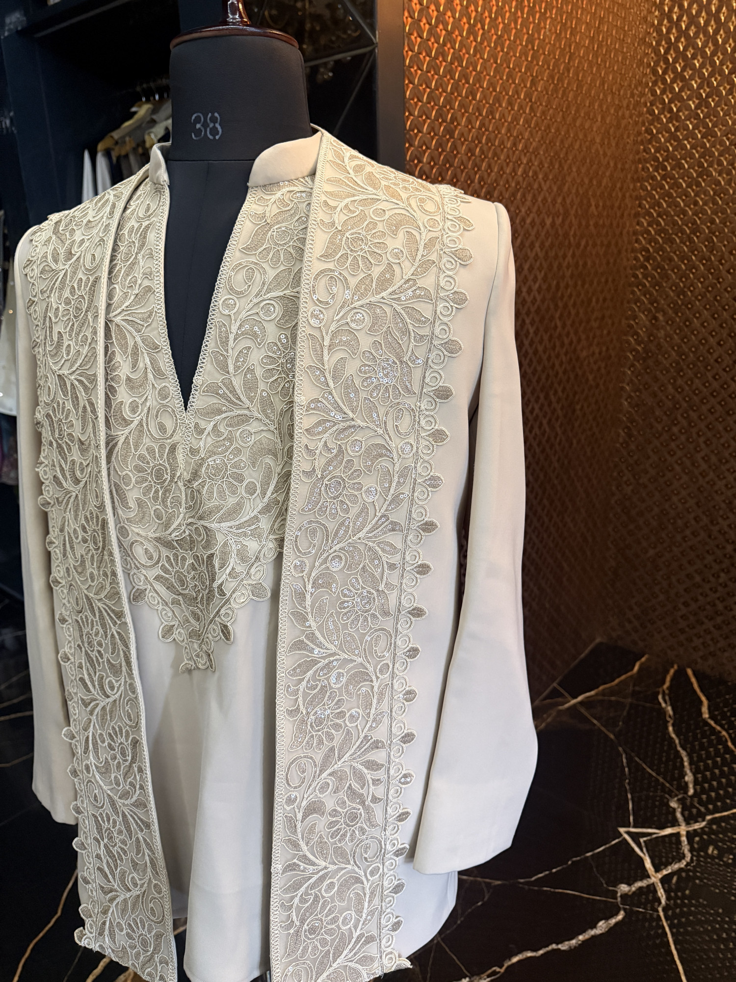 Laced Open Bandhgala Set In Beige