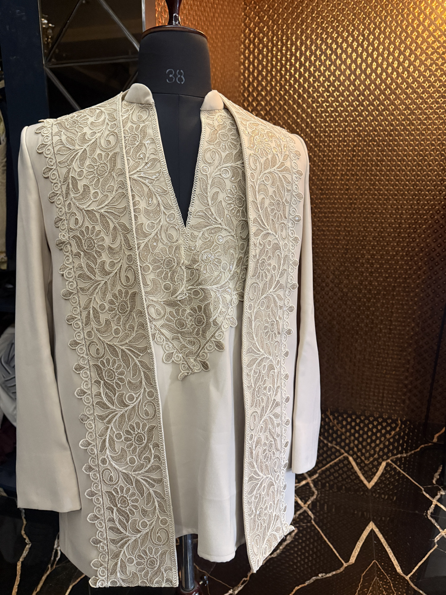 Laced Open Bandhgala Set In Beige