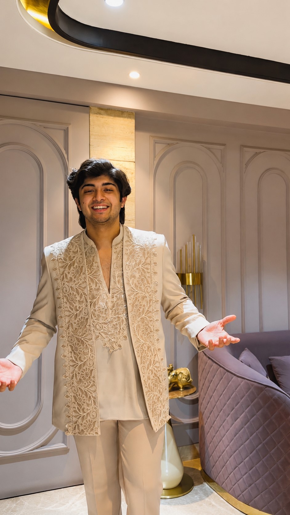Laced Open Bandhgala Set In Beige