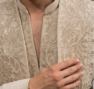 Laced Open Bandhgala Set In Beige