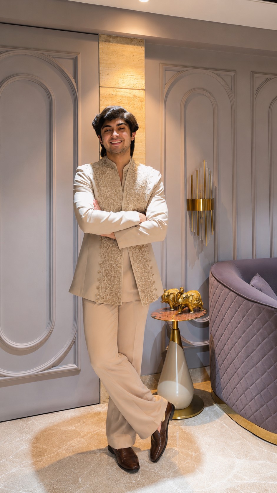 Laced Open Bandhgala Set In Beige