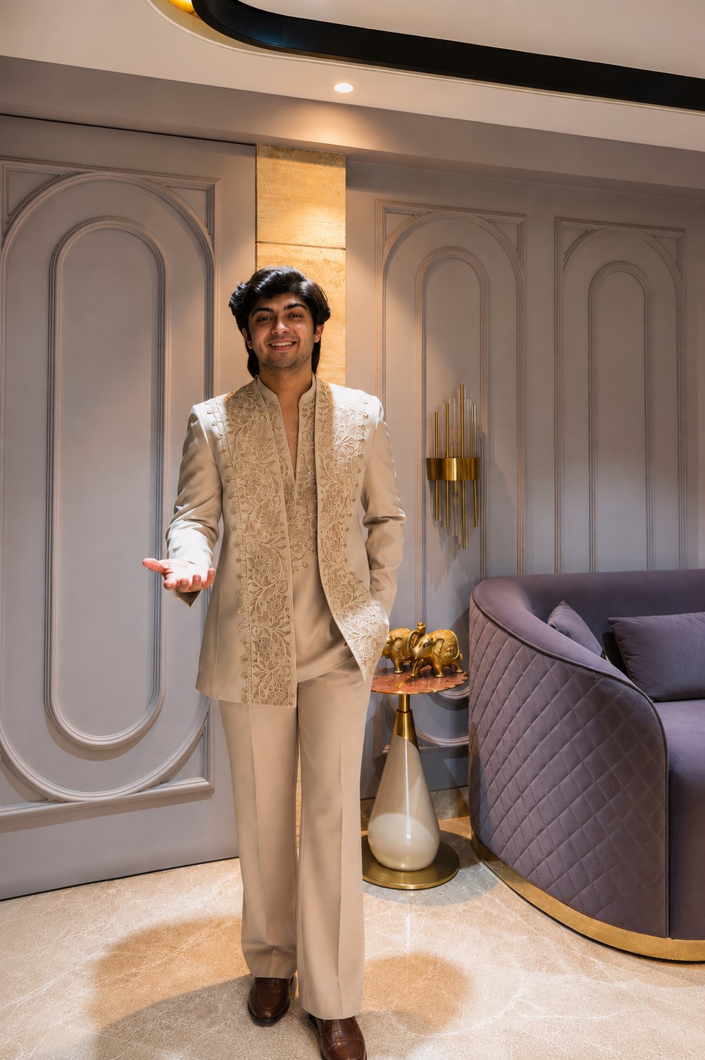 Laced Open Bandhgala Set In Beige