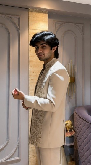 Laced Open Bandhgala Set In Beige