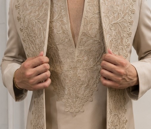 Laced Open Bandhgala Set In Beige