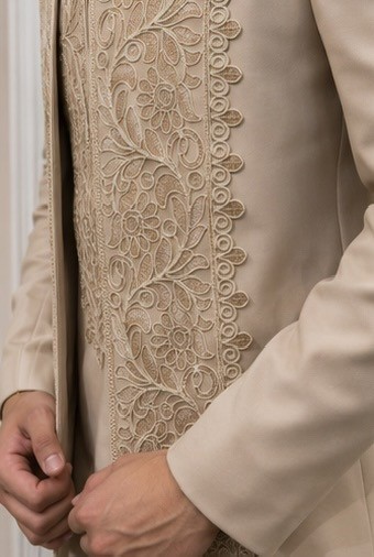 Laced Open Bandhgala Set In Beige