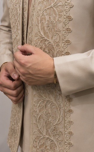Laced Open Bandhgala Set In Beige