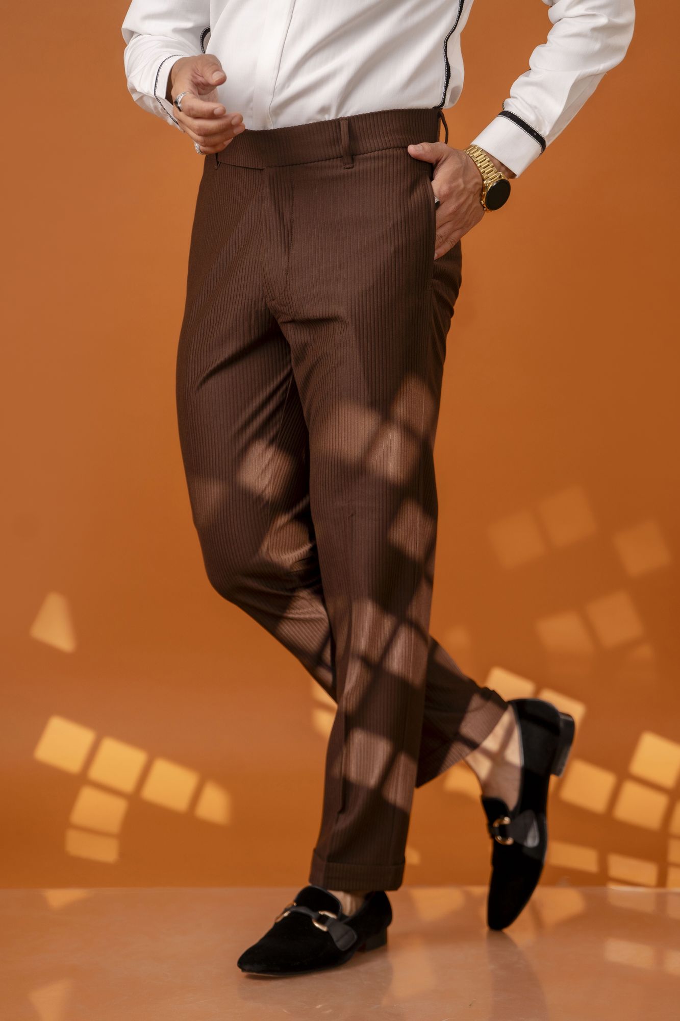 Brown Corduroy Tailored Fit Pants