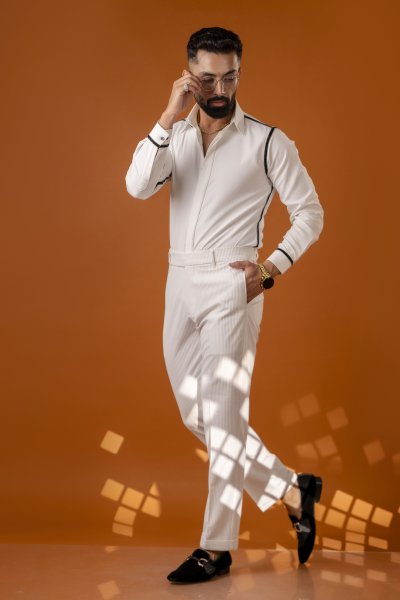 White Corduroy Tailored Fit Pants