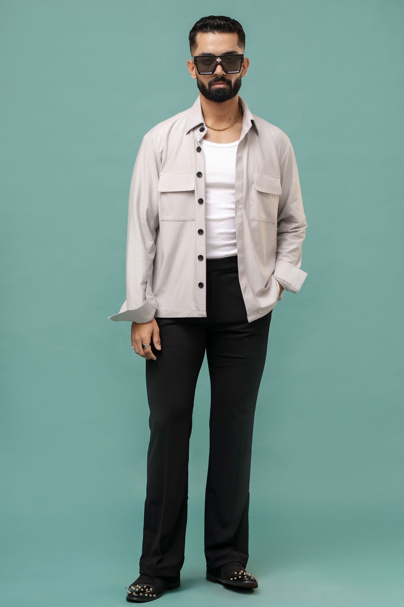 Grey Striped Over Shacket