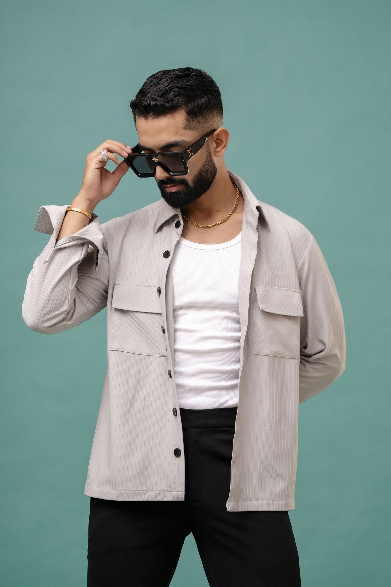 Grey Striped Over Shacket