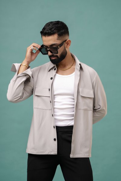 Grey Striped Over Shacket