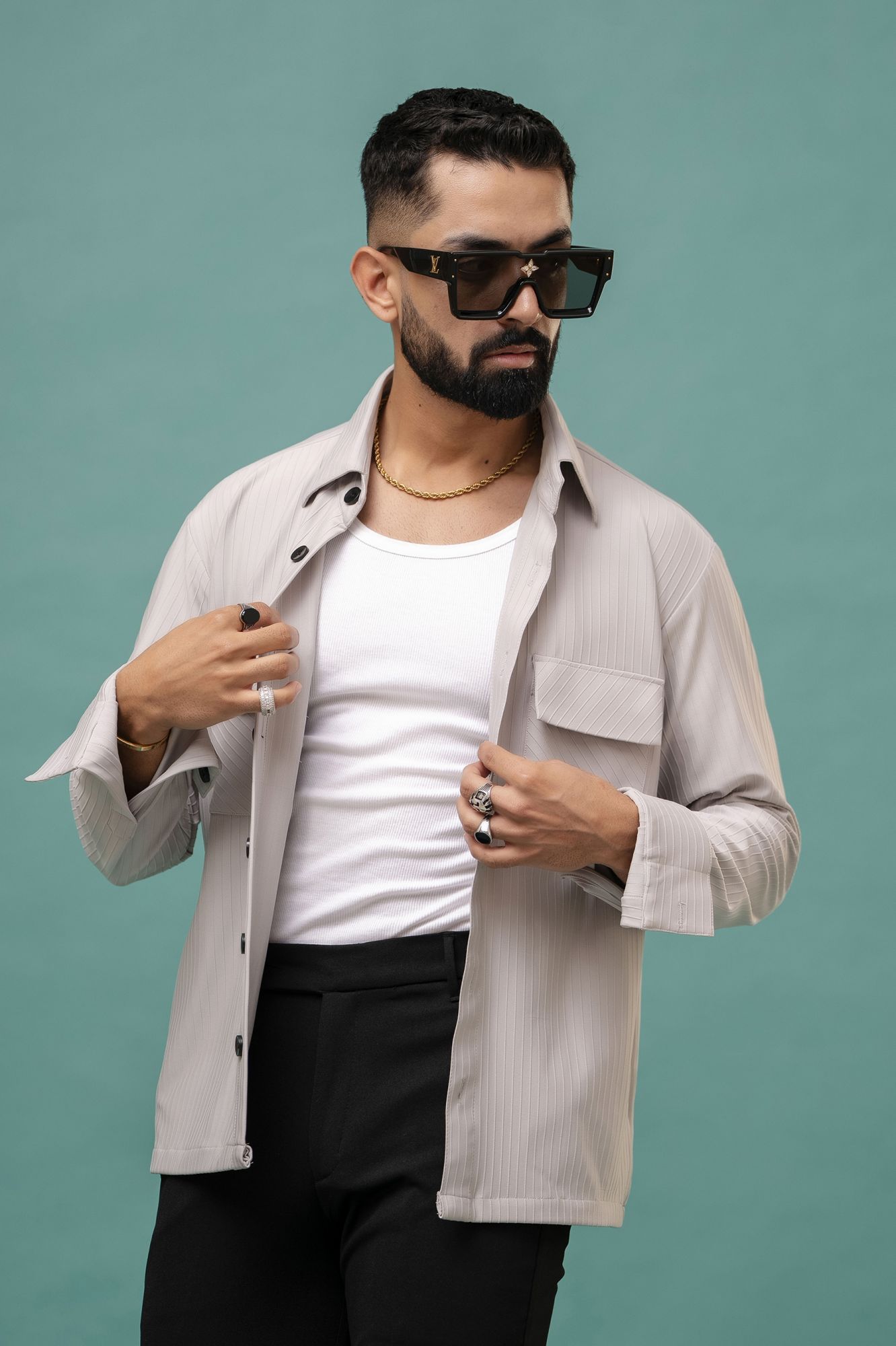 Grey Striped Over Shacket