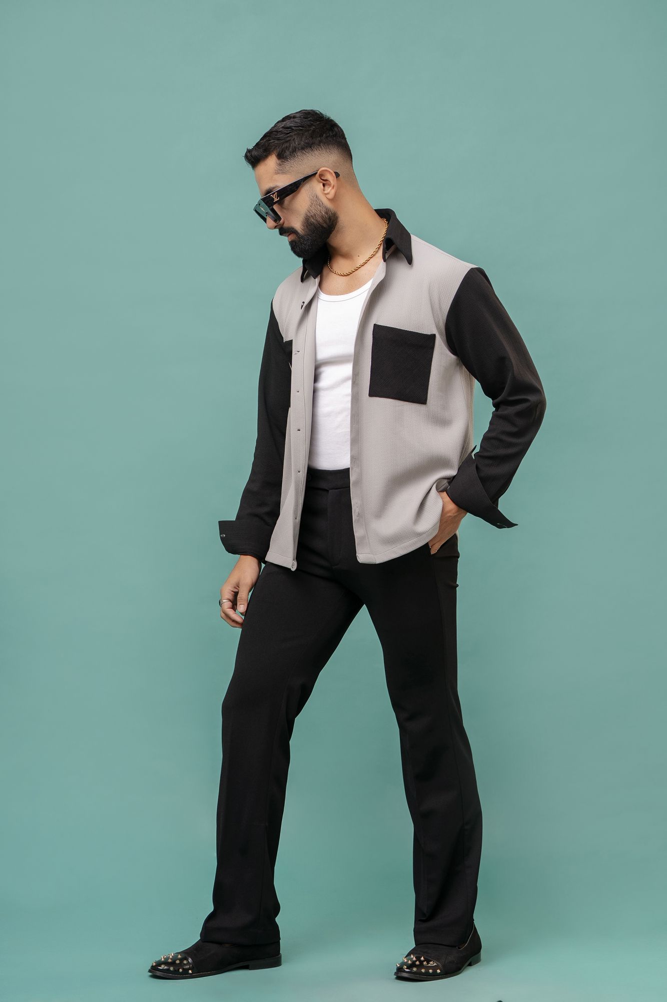 Color Block Shacket In Grey