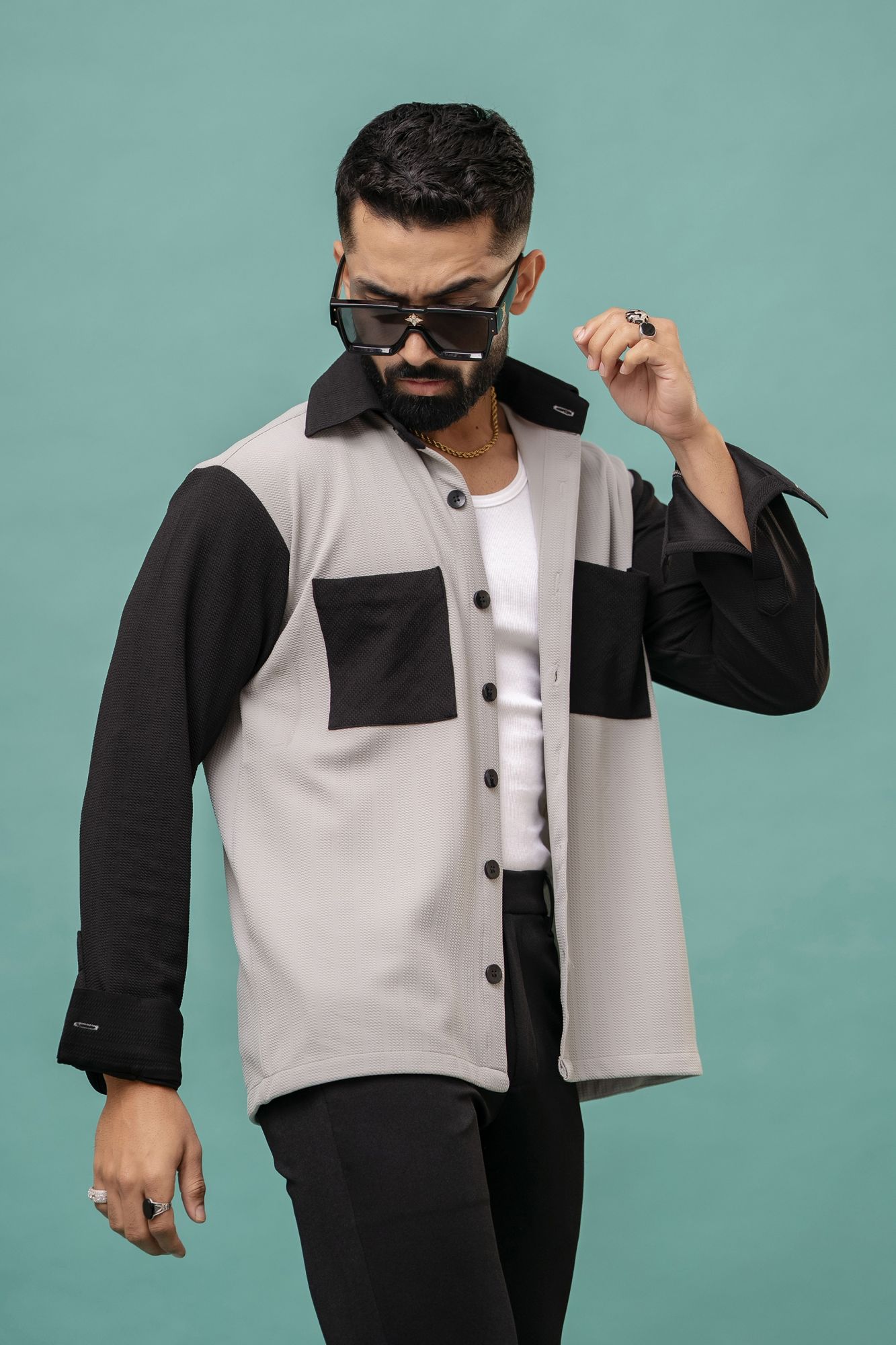 Color Block Shacket In Grey