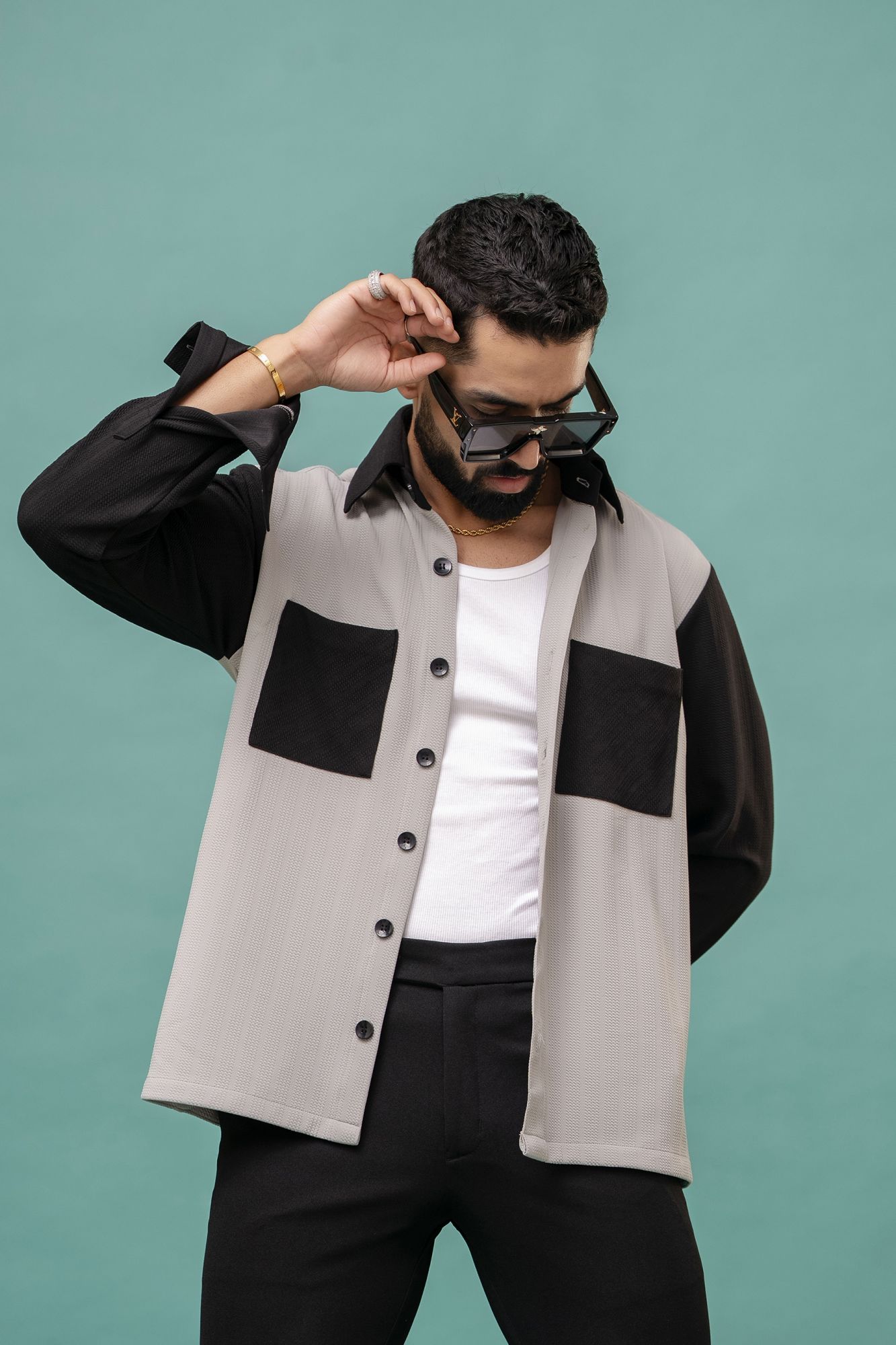 Color Block Shacket In Grey