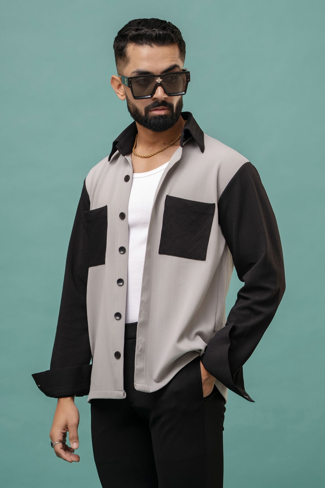 Color Block Shacket In Grey