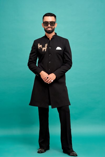 Deer Patch Bandhgala In Black