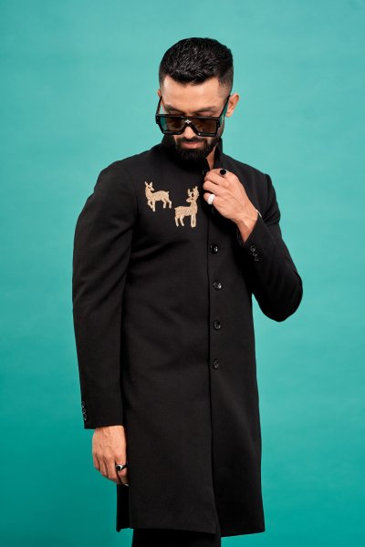 Deer Patch Bandhgala In Black