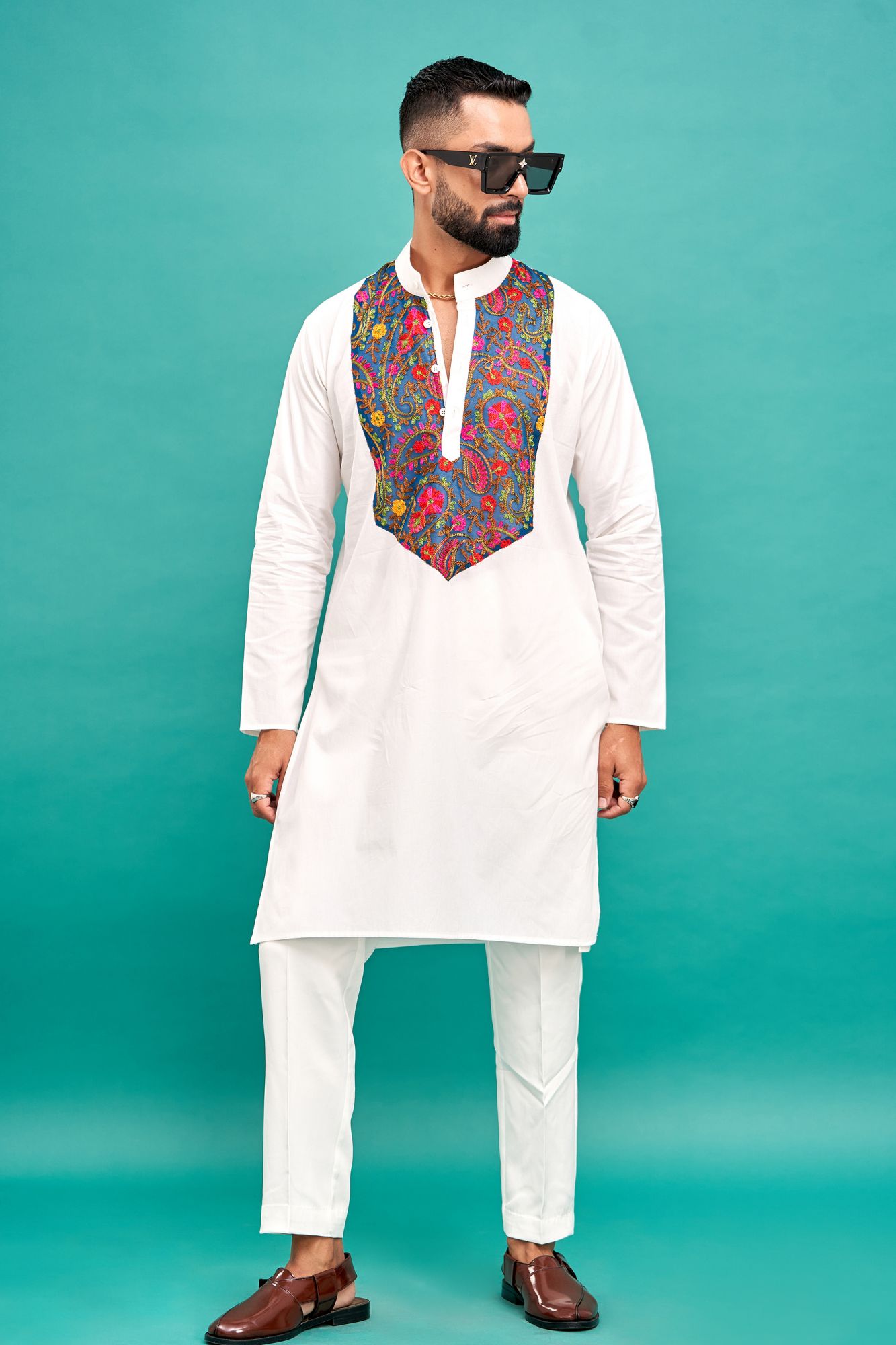 Embroidered Neck Work Kurta In White