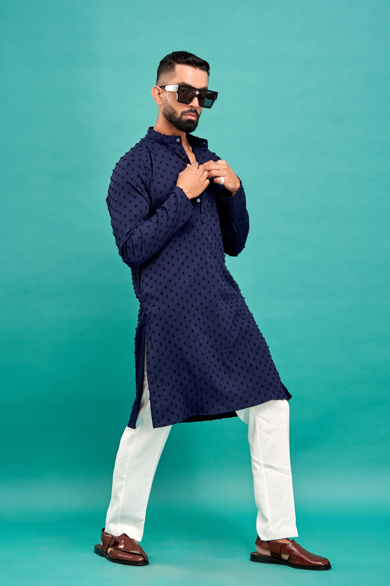 Dobby Textured Kurta In Blue