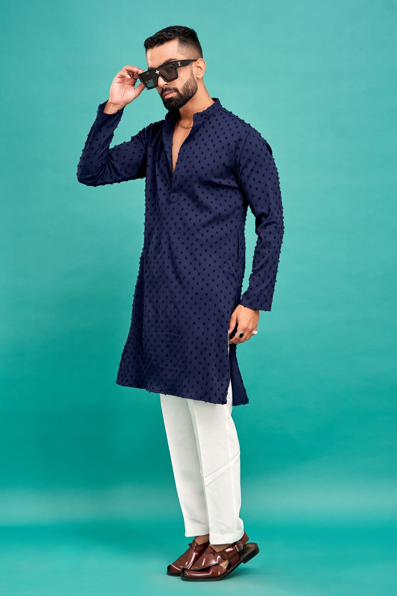 Dobby Textured Kurta In Blue