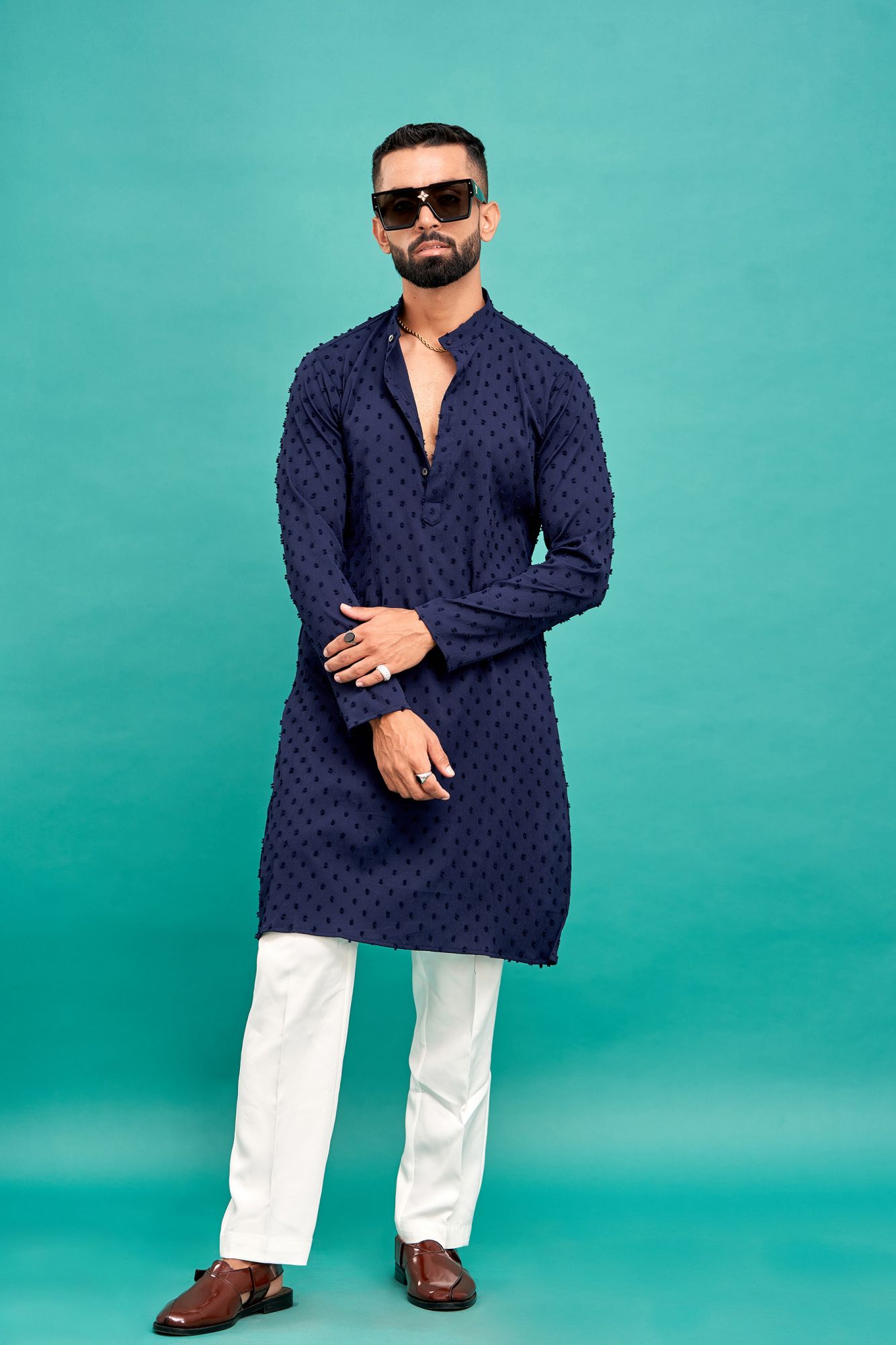 Dobby Textured Kurta In Blue