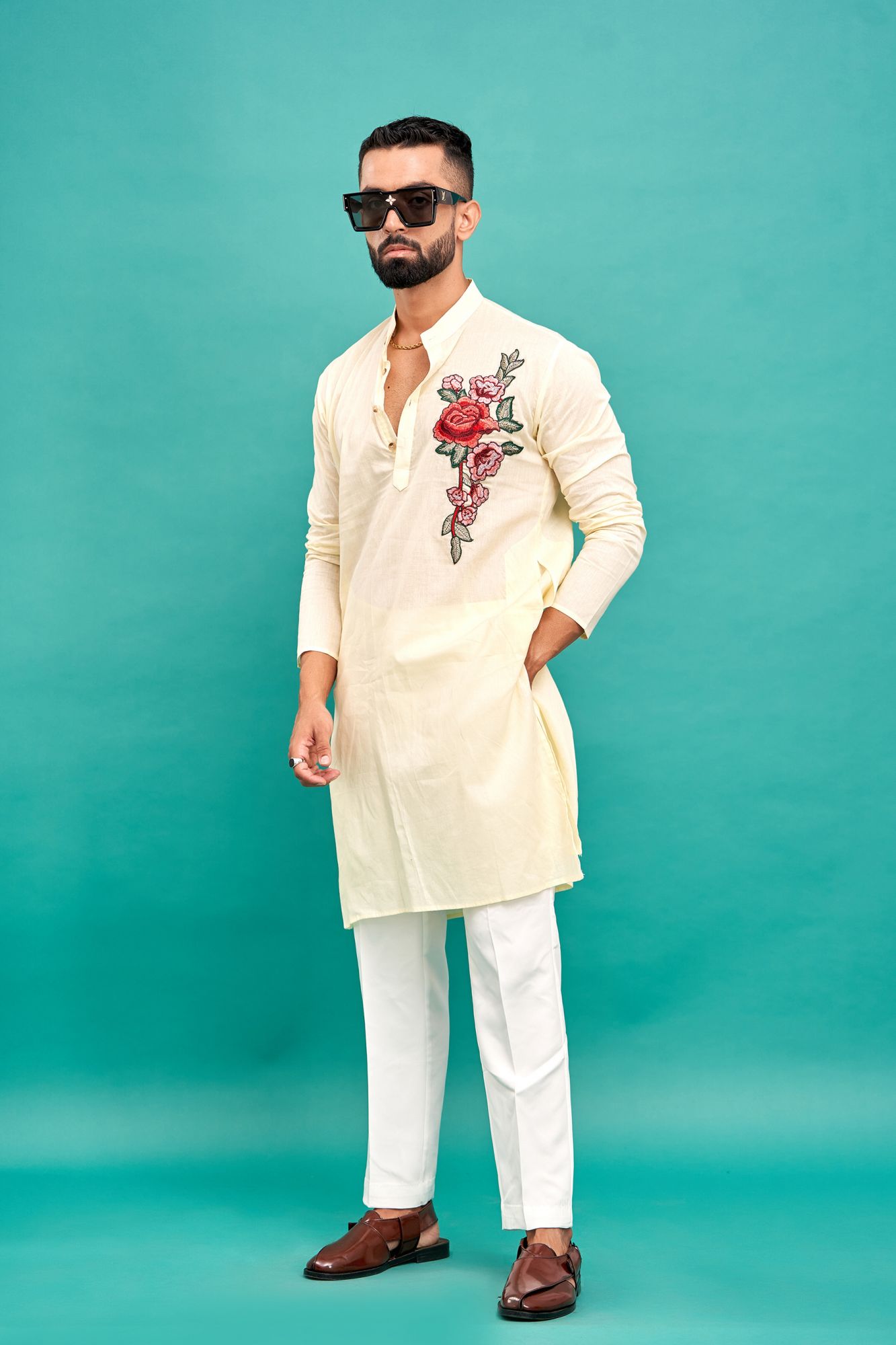 Flower Embroidery Kurta In Lemon