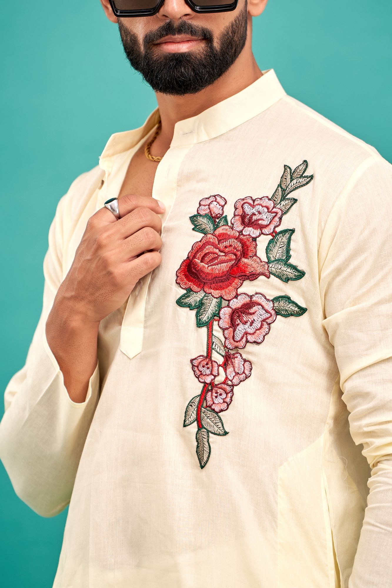 Flower Embroidery Kurta In Lemon