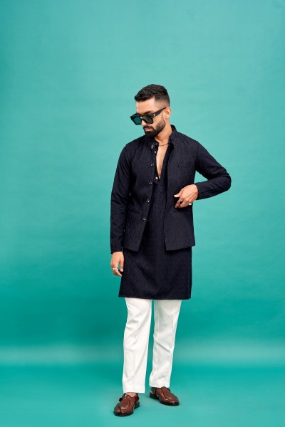 Dark Blue Chikan Jacket