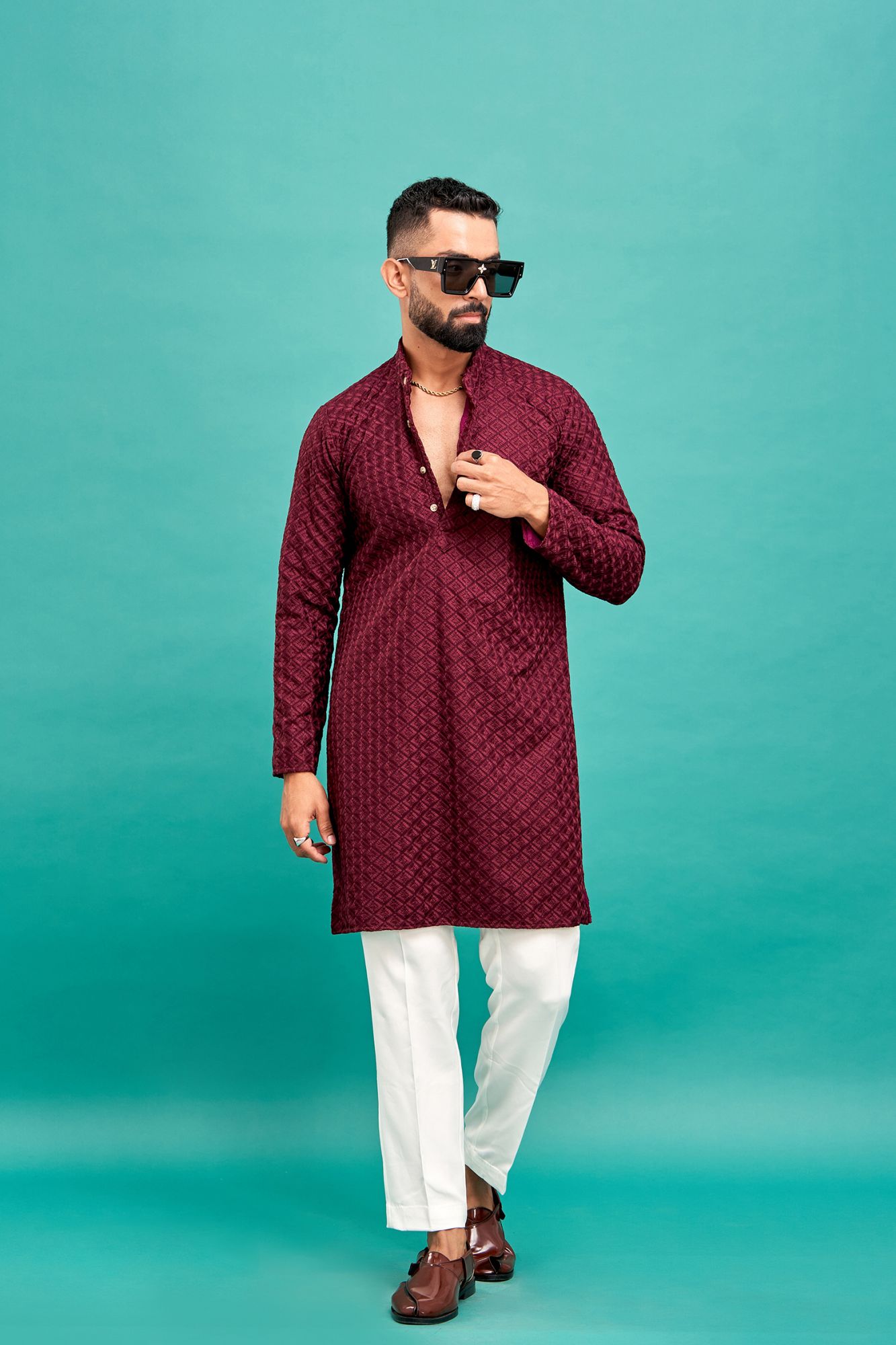 Chikan Kurta In Wine