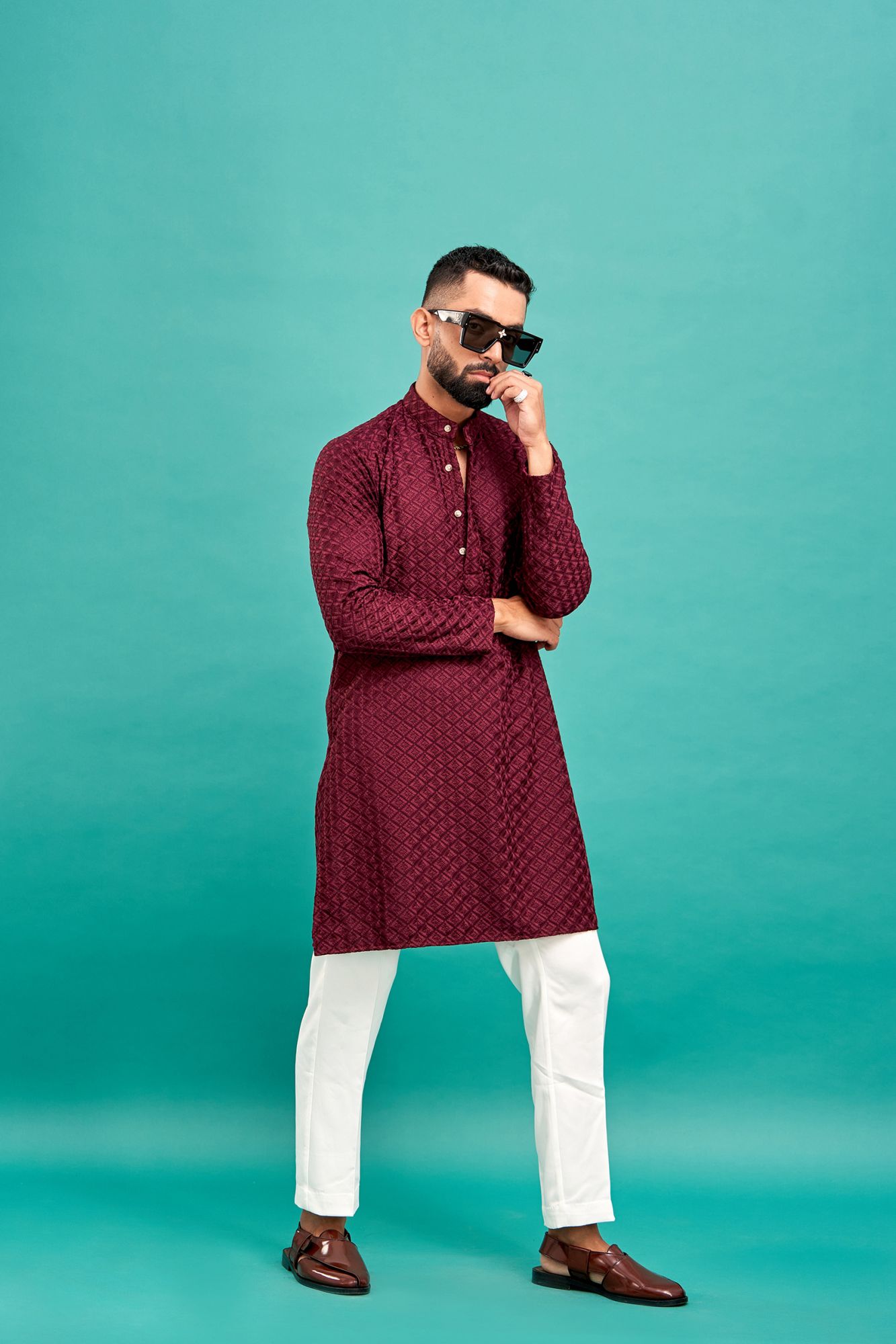 Chikan Kurta In Wine