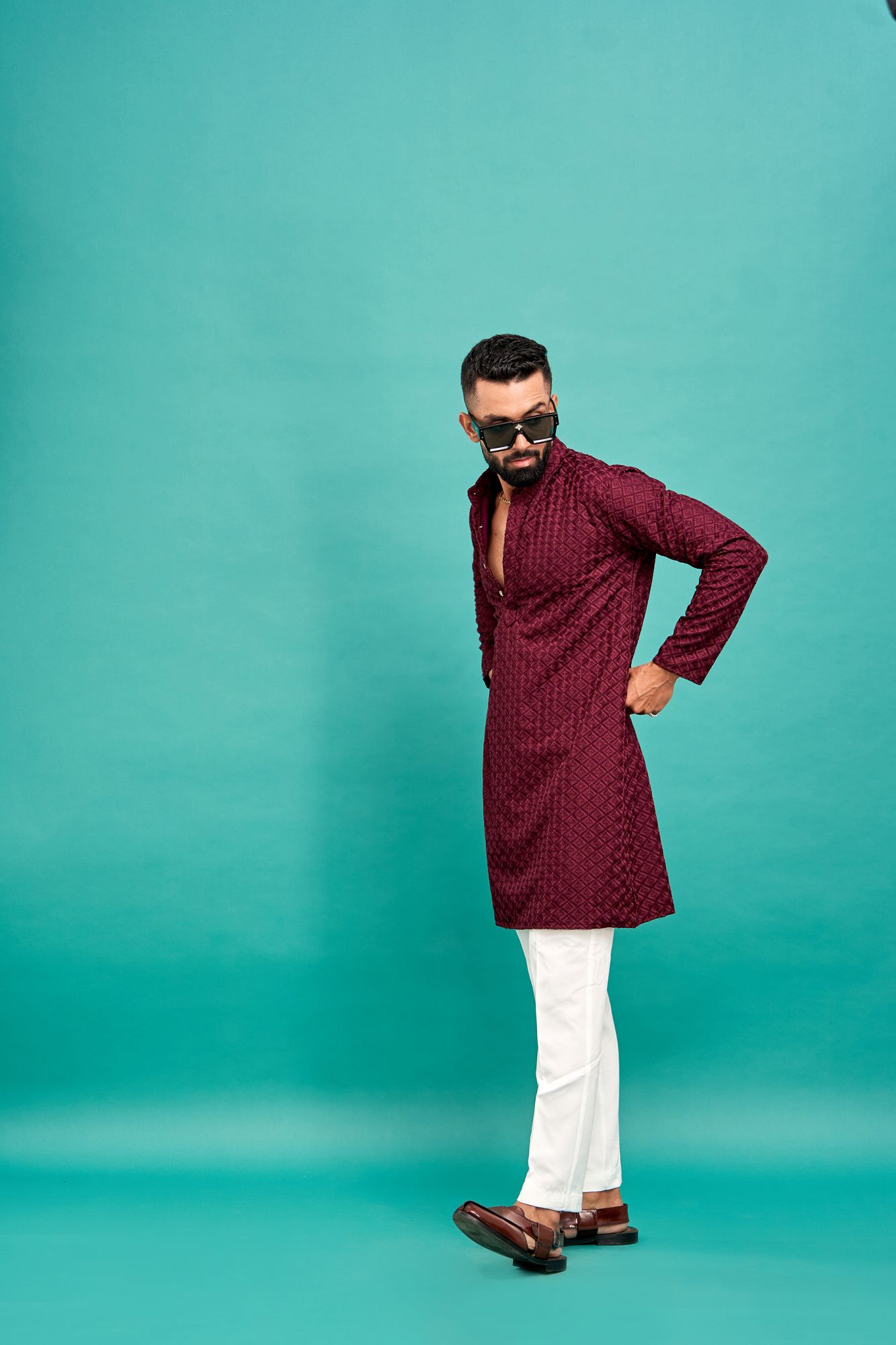 Chikan Kurta In Wine