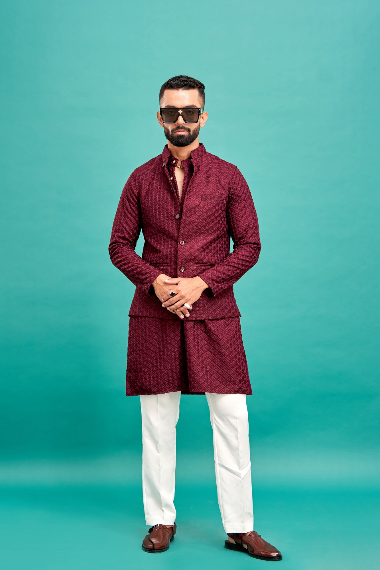 Chikan Kurta In Wine