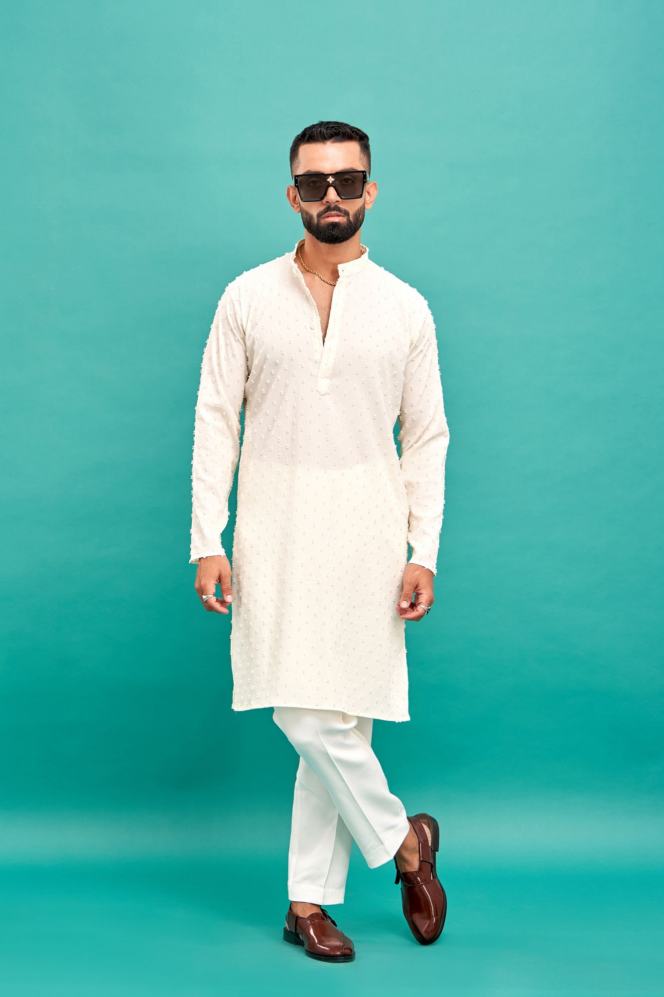 Dobby Textured Kurta In Off White