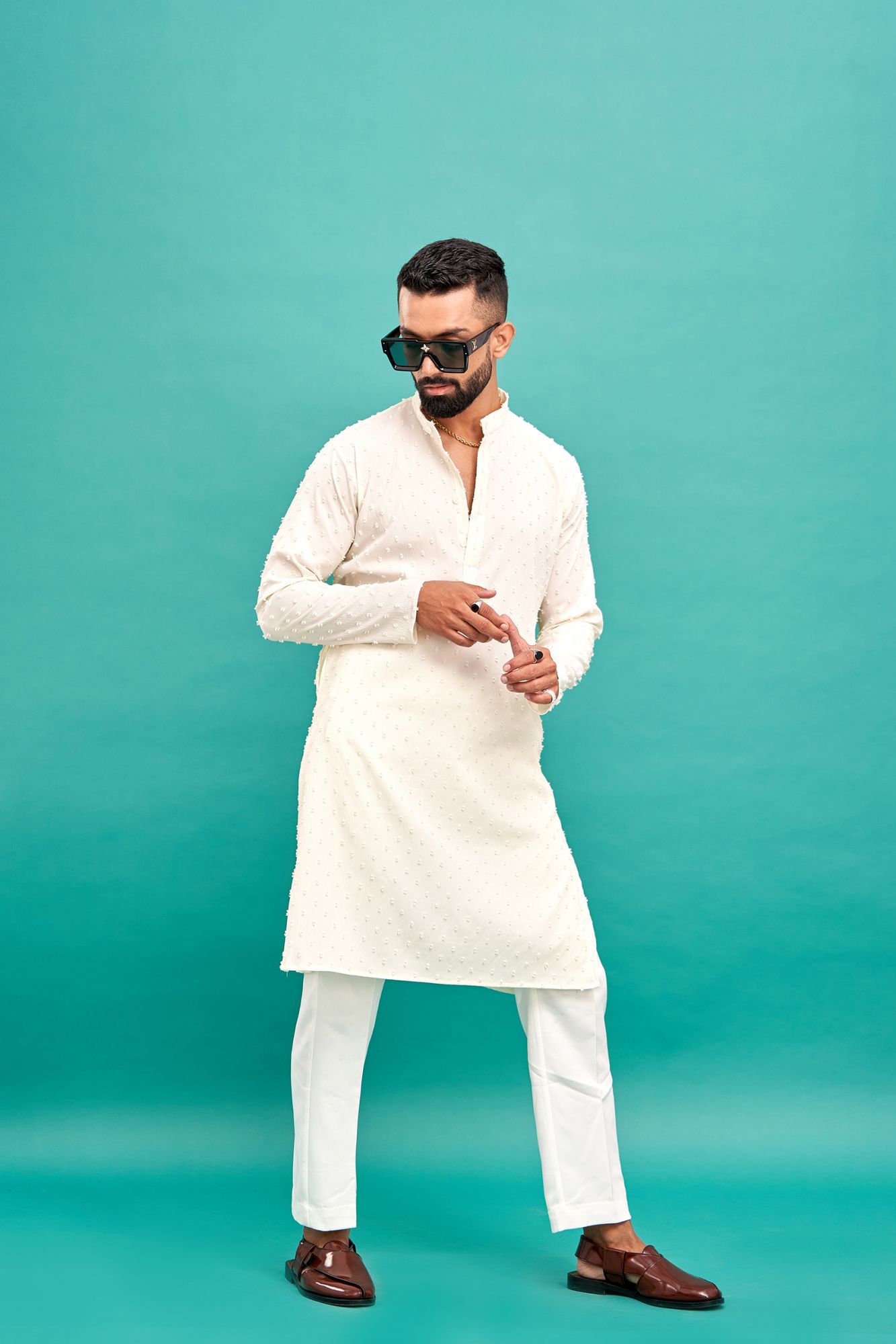 Dobby Textured Kurta In Off White