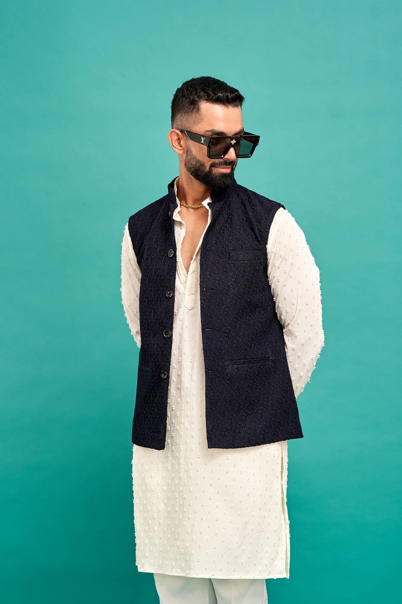 Dark Blue Chikan Jacket